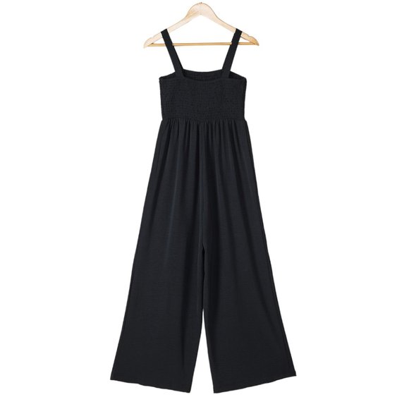 Black Smocked Sleeveless Wide Leg Jumpsuit with Pockets - Picture 8 of 16